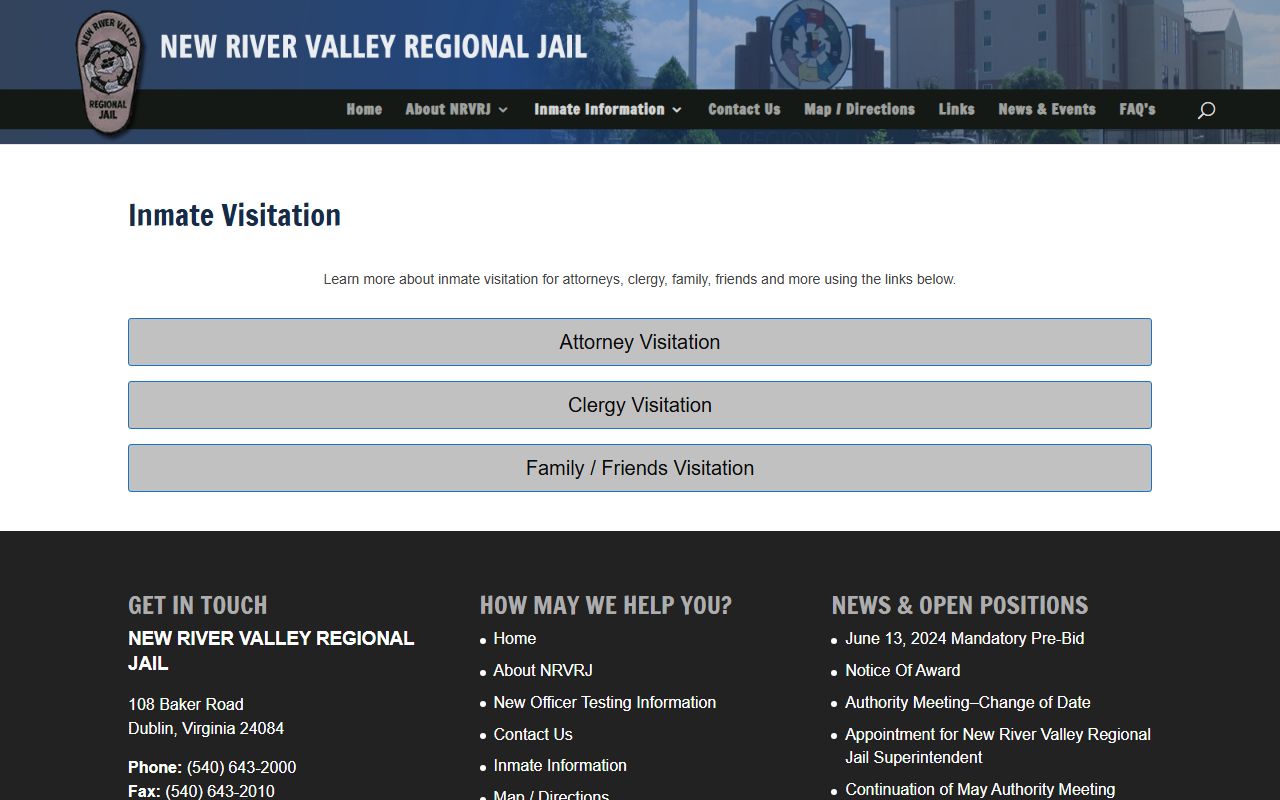 New River Valley Regional Jail visitation information page